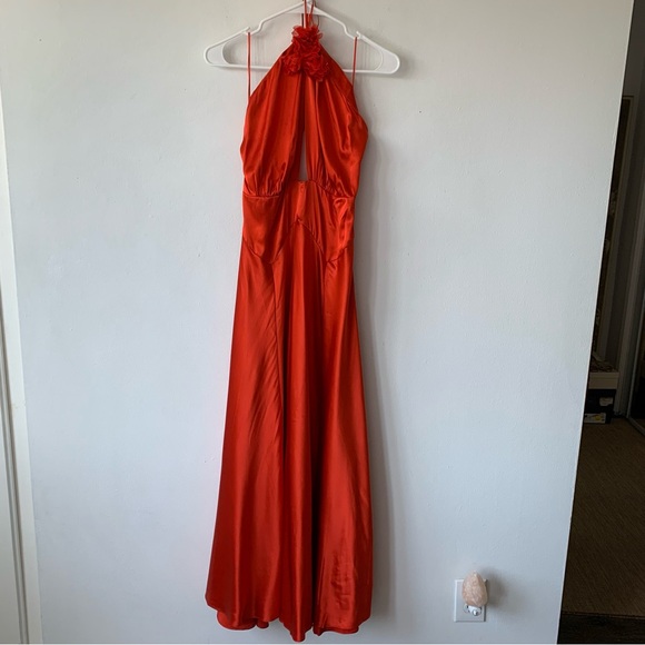 NWT Doen Lilaia Silk Rosette Rose Halter Maxi Dress Gown Fiery Coral Red - Picture 11 of 16